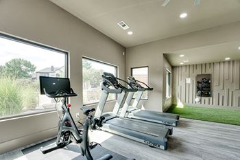 Fitness room with cardio equipment and turf area
